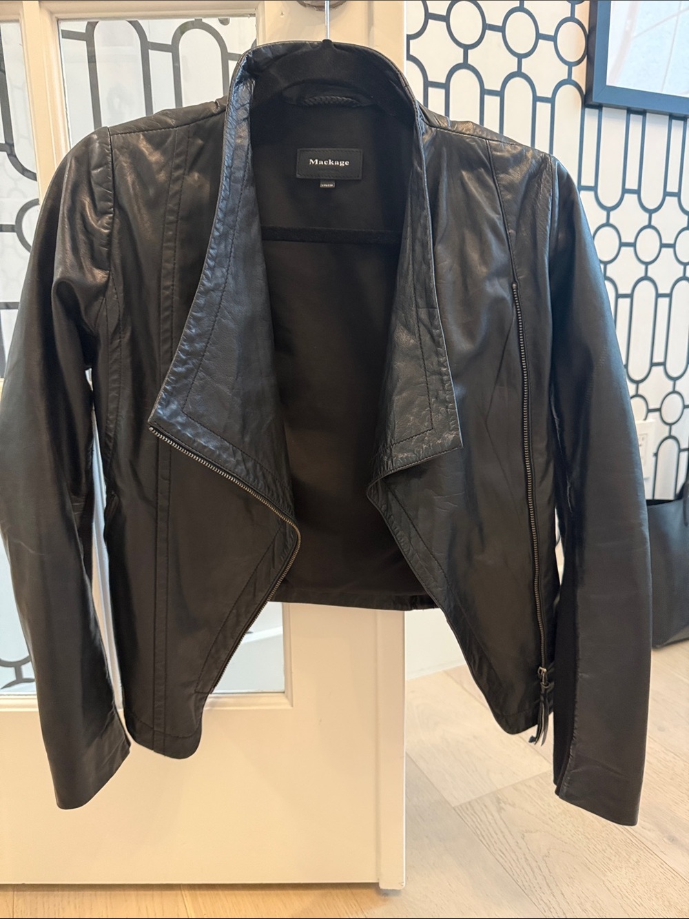 Mackage Black Leather Draped Moto Jacket